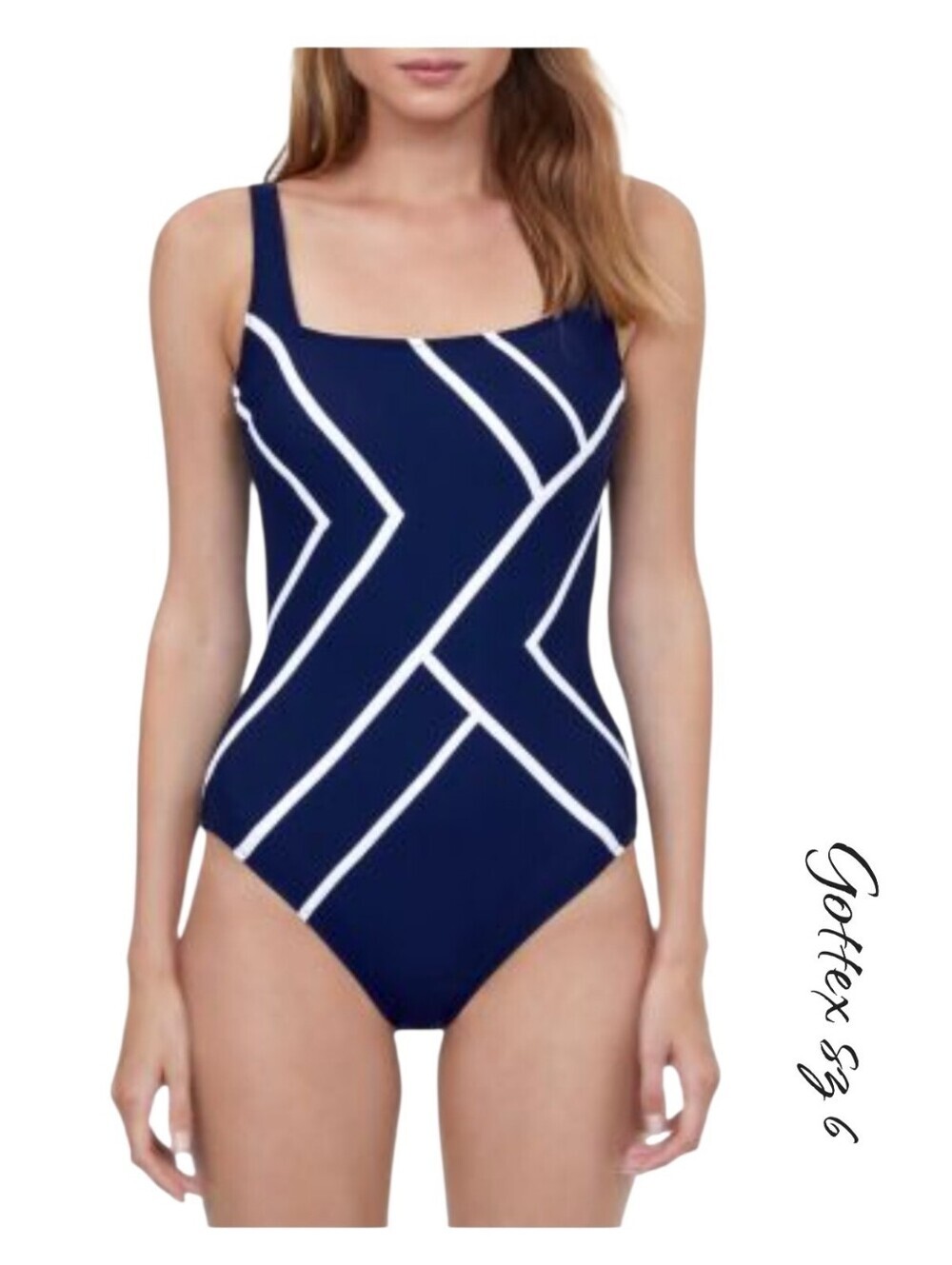 Gottex Mirage Square Neck Tummy Control One Piece Swimsuit 6 NWT Navy White